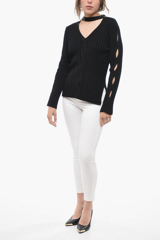 Ribbed Wool Blend Sweater with Tie Neck Detail