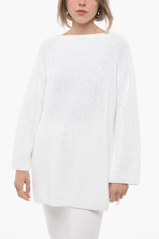 Crew Neck Pure Cotton Sweater with Side Splits