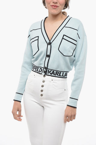 Cotton Blend Cropped Cardigan with Double Breast Pocket and Contrasting Details