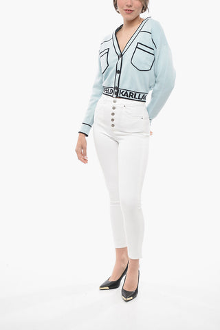 Cotton Blend Cropped Cardigan with Double Breast Pocket and Contrasting Details