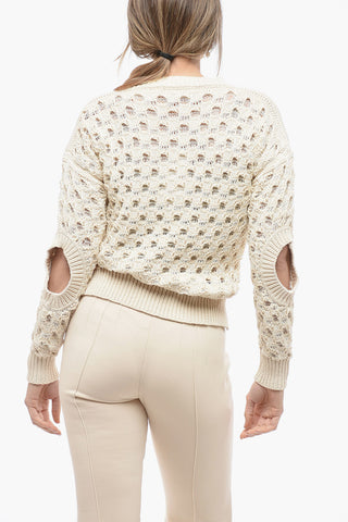 Perforated Cotton Blend Sweater with Cut-out Detail