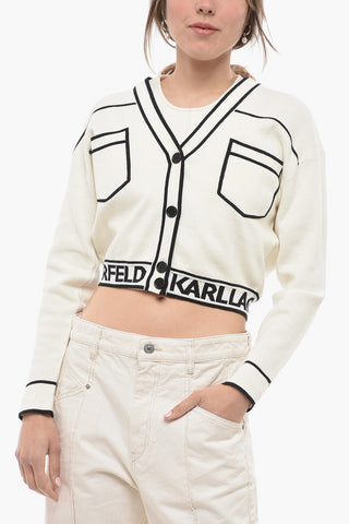 Cotton Blend Cropped Cardigan with Double Breast Pocket and Contrasting Details