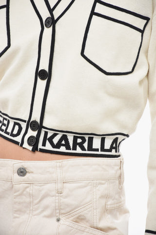 Cotton Blend Cropped Cardigan with Double Breast Pocket and Contrasting Details