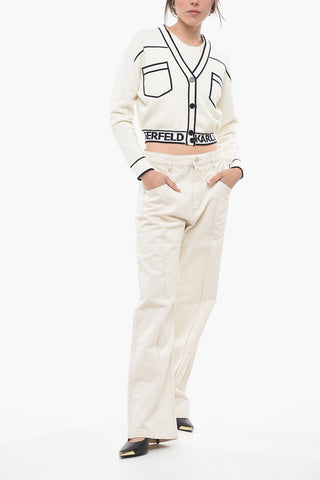 Cotton Blend Cropped Cardigan with Double Breast Pocket and Contrasting Details
