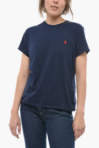 T-Shirt Girocollo in Tinta Unita con Logo a Contrasto