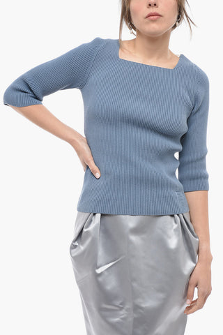 Maglia in Misto Cotone a Coste con Scollo Quadrato