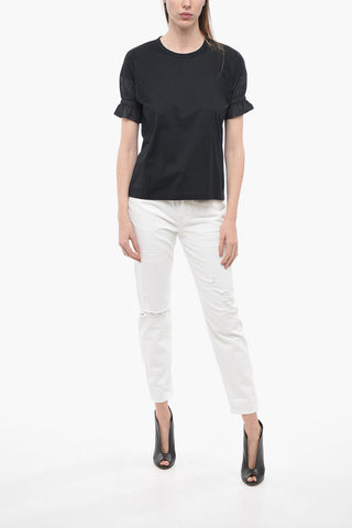 solid Color Crew-neck T-shirt with Balloon Sleeve
