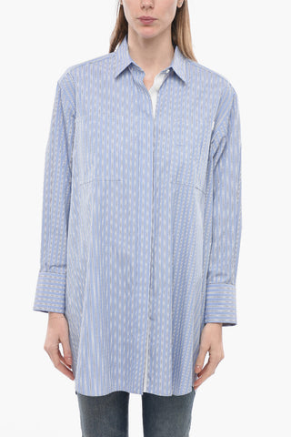 Popeline Cotton Long Shirt with Balanced Stripe Motif