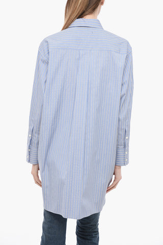 Popeline Cotton Long Shirt with Balanced Stripe Motif