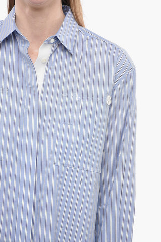 Popeline Cotton Long Shirt with Balanced Stripe Motif