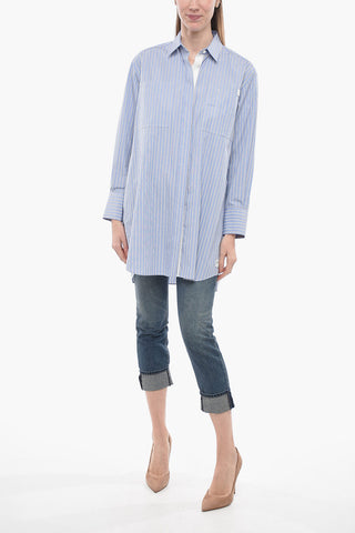 Popeline Cotton Long Shirt with Balanced Stripe Motif