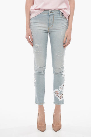 Jeans Slim Fit Distressed con Dettagli in Pizzo Macrame' 14cm