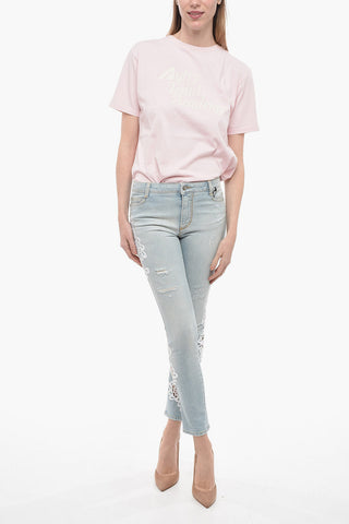Jeans Slim Fit Distressed con Dettagli in Pizzo Macrame' 14cm