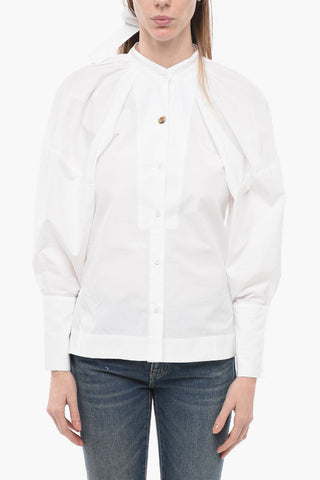 Tie Neck Cotton Shirt with Balloon Sleeves