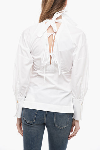 Tie Neck Cotton Shirt with Balloon Sleeves