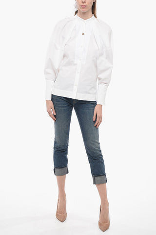 Tie Neck Cotton Shirt with Balloon Sleeves