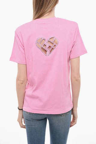 Solid Color AJA Crew-neck T-Shirt with Cut-Out Detail and Padded Shoulders
