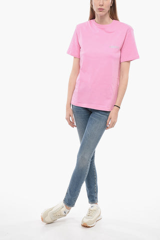 Solid Color AJA Crew-neck T-Shirt with Cut-Out Detail and Padded Shoulders