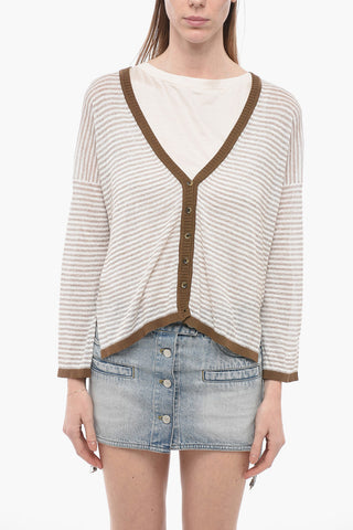 Cardigan in Misto Lino a Righe con Scollo a V