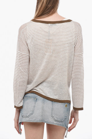Cardigan in Misto Lino a Righe con Scollo a V