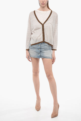 Cardigan in Misto Lino a Righe con Scollo a V