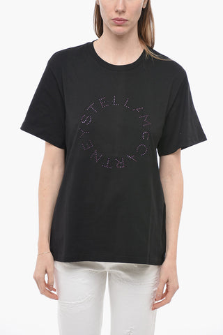 T-Shirt Girocollo in Cotone con Logo in Cristalli