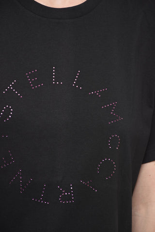 Crew Neck Cotton T-Shirt with Rhinestoned Logo