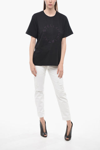 T-Shirt Girocollo in Cotone con Logo in Cristalli