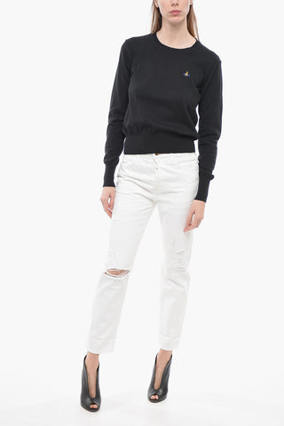 Maglia Girocollo in Cashmere e Cotone con Logo Ricamato