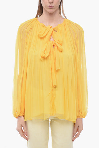 Tie Neck Silk Chiffon Accordion Blouse