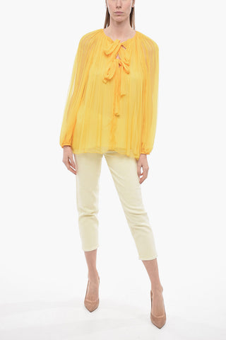 Tie Neck Silk Chiffon Accordion Blouse