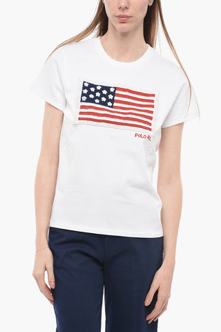 Crew-neck T-Shirt with Embroidered Flag