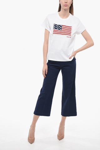 Crew-neck T-Shirt with Embroidered Flag