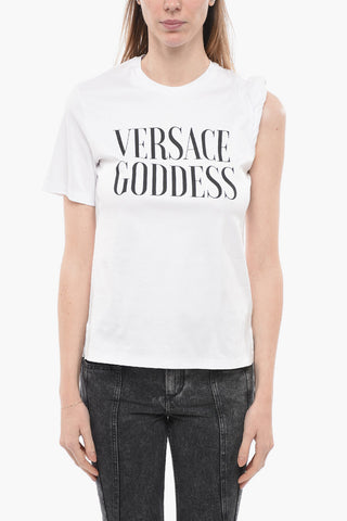 Crew Neck GODDESS Cotton T-Shirt with Gathered Sleeve