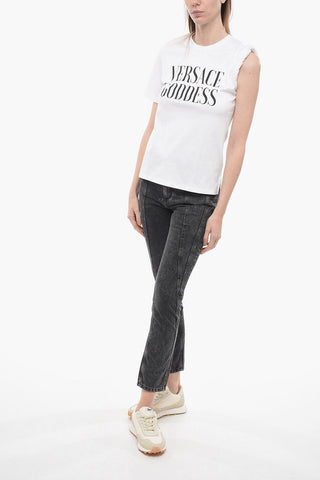 Crew Neck GODDESS Cotton T-Shirt with Gathered Sleeve