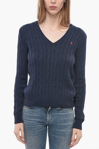 V-Neck Solid Color Cable Knit Sweater