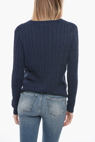 V-Neck Solid Color Cable Knit Sweater