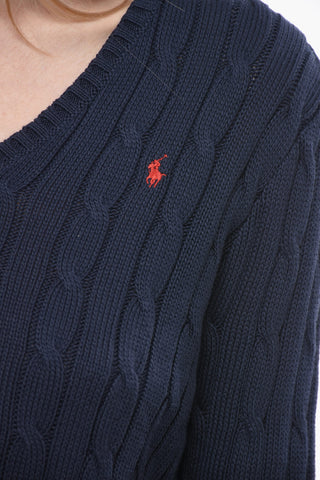 V-Neck Solid Color Cable Knit Sweater