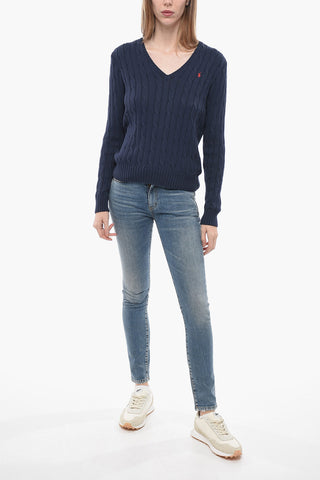 V-Neck Solid Color Cable Knit Sweater