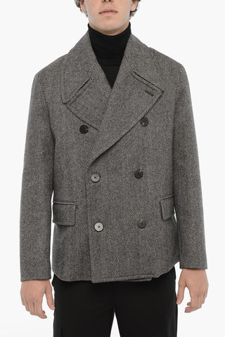 Herringbone Motif Virgin Wool Double Breasted Peacoat