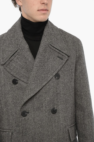 Herringbone Motif Virgin Wool Double Breasted Peacoat