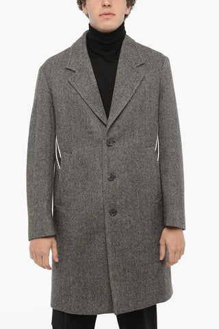 Virgin Wool Coat with Herringbone Pattern