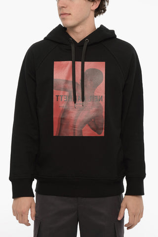 Felpa Hoodie in Cotone Garzato Stampata