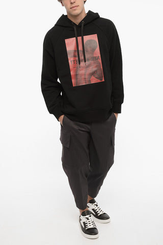 Felpa Hoodie in Cotone Garzato Stampata