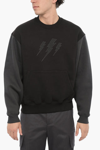 Two-Tone Fleeced Cotton Blend Crew-neck Sweatshirt