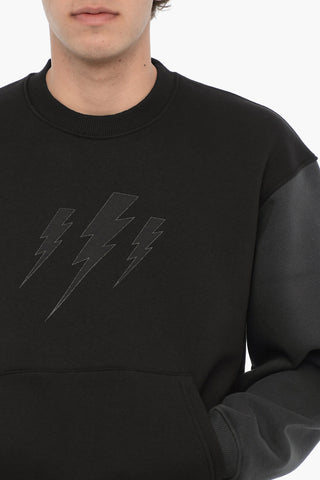 Two-Tone Fleeced Cotton Blend Crew-neck Sweatshirt