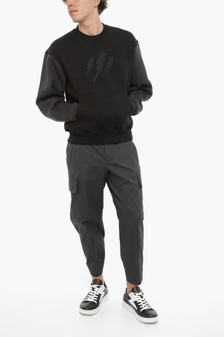 Two-Tone Fleeced Cotton Blend Crew-neck Sweatshirt