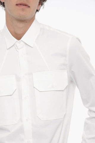 Solid Color Loose Fit Shirt with Double Breast Pocket