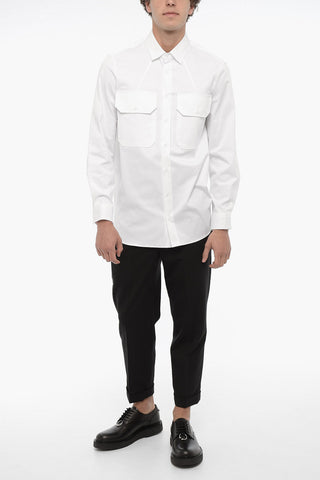 Solid Color Loose Fit Shirt with Double Breast Pocket