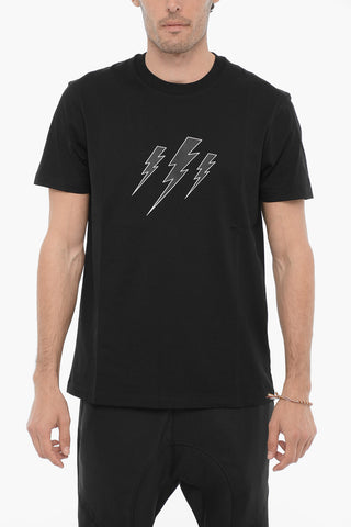 Slim Fit Crew-neck T-Shirt with Thunderbolts Print